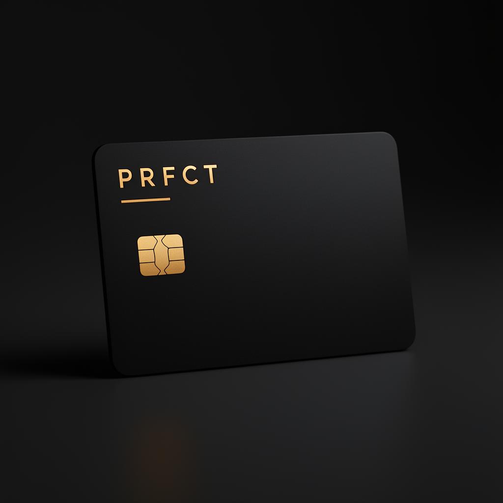 The Prfct Card — a matte black metal card with gold accents